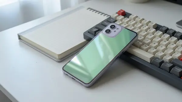 Smartphone on an analyst desk beside a notebook