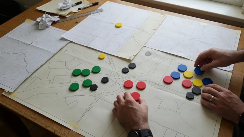 Tactical table session with unmarked maps and coaching pointers