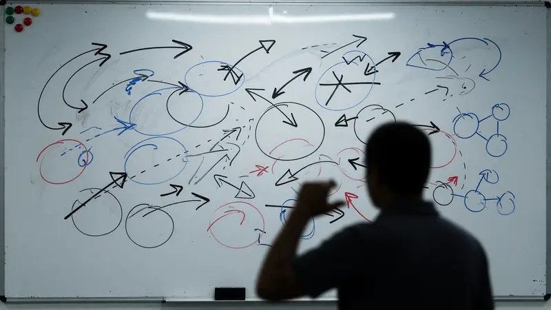Coaching whiteboard session with abstract diagrams and no readable text