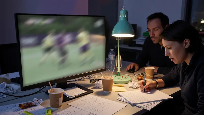 Post-match analysis desk with notes and muted monitors