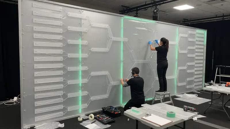 Operations wall with blank bracket geometry in a tournament control room
