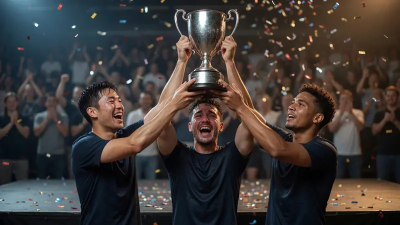 Championship trophy moment on stage with confetti-free editorial framing