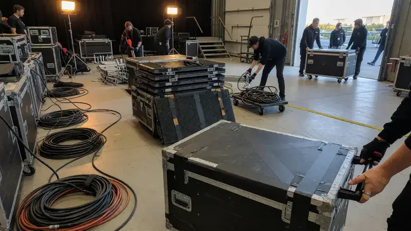 Esports venue load-in with flight cases and stage crew