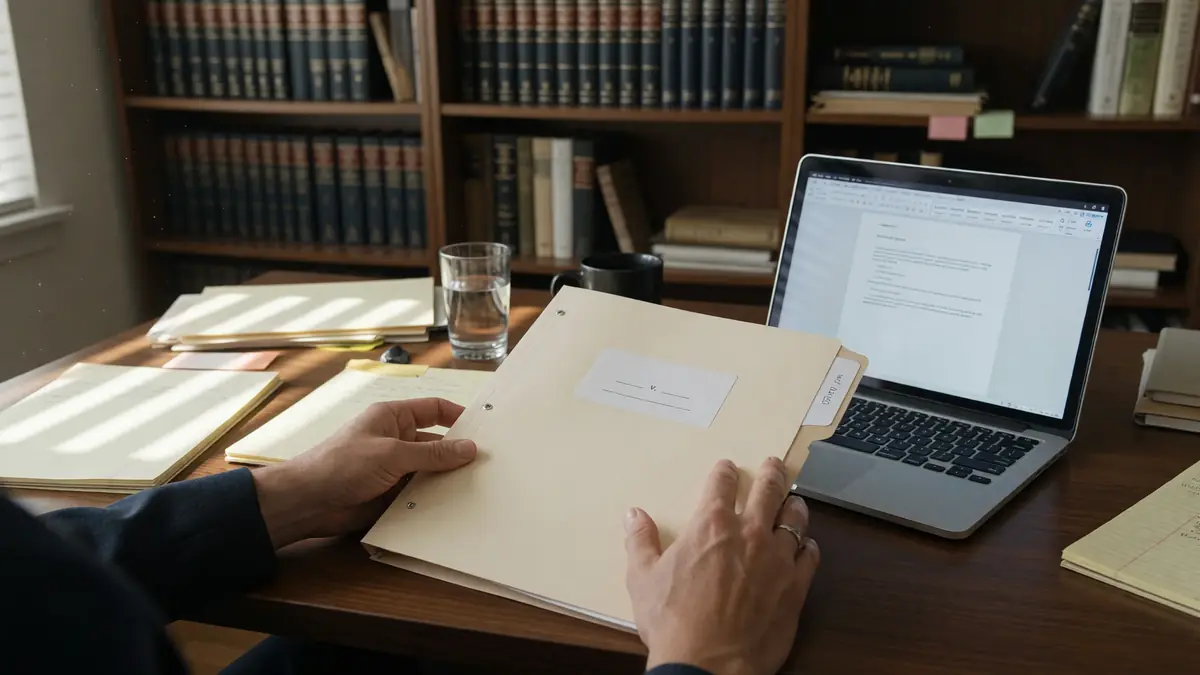 Neutral legal research desk with books and soft light