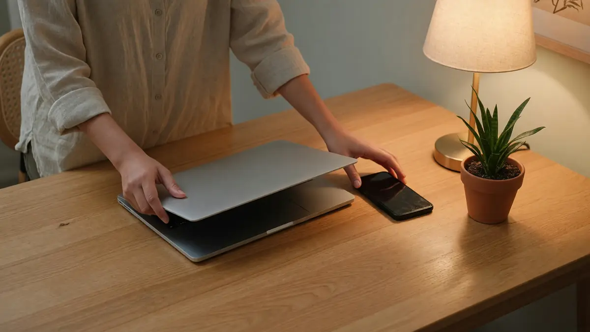 Calm responsible-play workspace with soft natural light